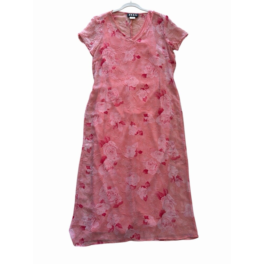 JKLA California Vintage Y2K Floral Pink Midi Dress Crinkle‎ Texture Sz L USA